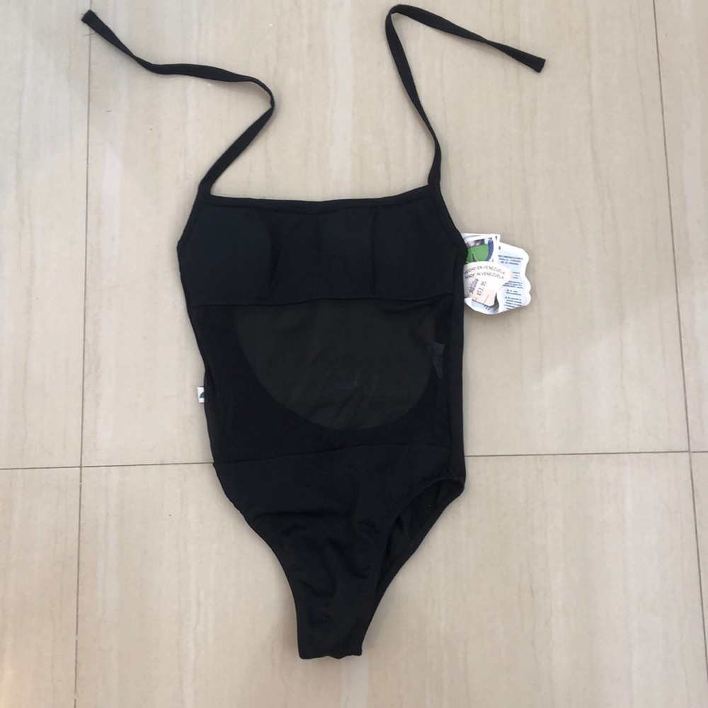 Black cheeky mesh bathing suit.